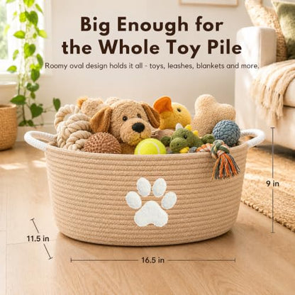 Dog Toy Basket with Handles, Boho Cotton Rope Storage Bin Organizer | Warm boho dog toy organizer, natural woven look. Holds toys, blankets & leashes. Machine washable, collapsible rope bin - color: Khaki / White Paw