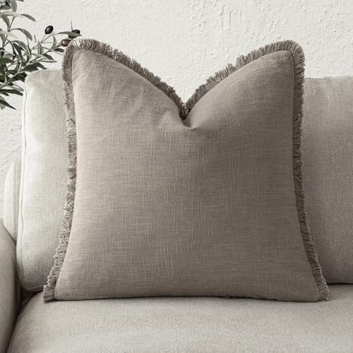 Foindtower Decorative Linen Fringe Throw Pillow Covers Cozy Boho Farmhouse Cushion Cover with Tassels Soft Accent Pillowcase for Chair Sofa Bed Living Room Home Decor, 16×16 Inch,1PC,Brown Tan - color: Dune, size: 16" x 16" (Pack of 1)