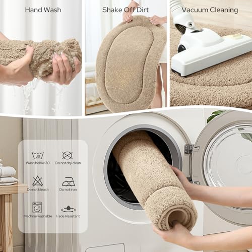 HOMEIDEAS Beige Oval Bathroom Rug Sets 2 Piece 20" x 32" + 16" x 24" | Microfiber Bath Mats, Non-Slip TPR Backing, Ultra Absorbent & Quick Dry, Machine Washable for Bathroom, Shower, Tub - color: Beige