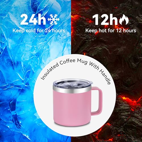 VEGOND 14 oz Insulated Coffee Mug with Handle, Stainless Steel Travel Coffee Mug with Lid, Double Wall Vacuum Metal Coffee Cup, Coffee Tumbler Powder Coated, Pink 1 Pack - color: Pink, size: 14 Ounces