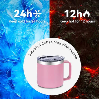 VEGOND 14 oz Insulated Coffee Mug with Handle, Stainless Steel Travel Coffee Mug with Lid, Double Wall Vacuum Metal Coffee Cup, Coffee Tumbler Powder Coated, Pink 1 Pack - color: Pink, size: 14 Ounces