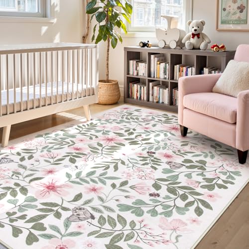 Lahome Pink Girls Nursery Rug, 5x7 Floral Baby Girls Rugs for Bedroom | Non-Slip Thin Carpet for Kids Room Baby Girl Nursery Dorm Reading Nook - color: Pink Floral, size: 5' x 7' (Rectangular)