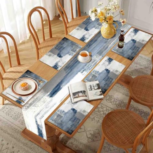 Mcalk Dusty Blue Table Runner and Placemats Set of 6 Pieces, Pink Flower Placemats Modern Art,Abstract Art Cloth Place Mats Indoor for Kitchen,Washable Placemats Linen Material for Dining Table - color: 01grey and Blue