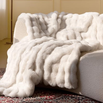 Ultra Soft Cozy Faux Fur Throw Blanket, Fuzzy Plush Thick Bubble Blanket, Luxury Fluffy Blanket for Couch, Sofa, Bedroom, and Living Room, 50x60 Inches, Cream White - color: Cream White, size: Throw