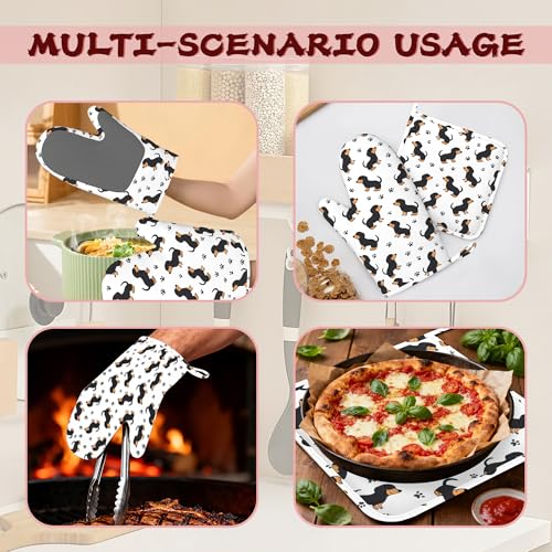 Cute Dachshund Dog Heat-Resistant Silicone Oven Mitts and Pot Holders 4 Piece Set,Extra Long Non-Slip Kitchen Oven Gloves for Cooking, Baking, BBQ,Grilling - color: Cute Dachshund Dog