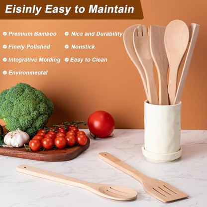 Eisinly Wooden Spoons for Cooking 7-Piece, Kitchen Nonstick Wood Cooking Utensils Set, Durability Wooden Spatula Spoon for Everyday Use, Light Yellow - color: Yellow-Wood, style: Square-edge