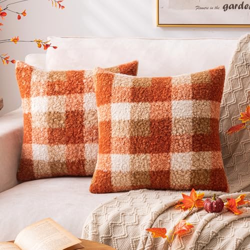 AQOTHES Plaid Fall Throw Pillow Covers Orange 26x26 Inch Set of 2 | Boucle Decorative Pillow Covers, Autumn Cozy Fluffy Home Farmhouse Decor, for Living Room Sofa Couch Bed, Holiday Decorations - color: Orange, size: 26" x 26" (Pack of 2)