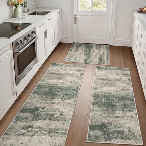 GENIMO Kitchen Rugs Set of 3, Washable Non Slip Kitchen Mats for Floor | 20"x32"&20"x48"&20"x59", Sage Sand vintage abstract rug, soft faux cashmere, low pile, easy-clean for laundry - color: Sage Sand, size: 20"x32"+20"x48"+20"x59"