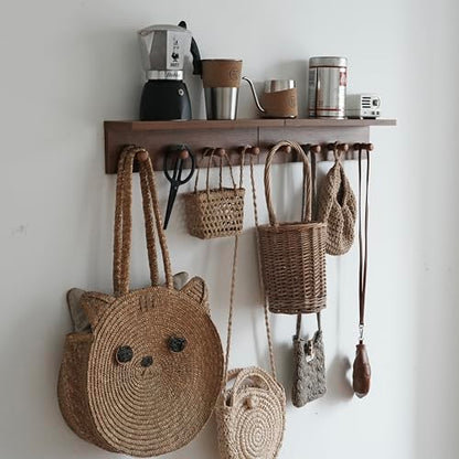 Wall Mounted Coat Rack with Shelf, Wooden Entryway Hooks, Teak Finish | Adjustable rail with movable wood hooks - color: Teak colored veneer