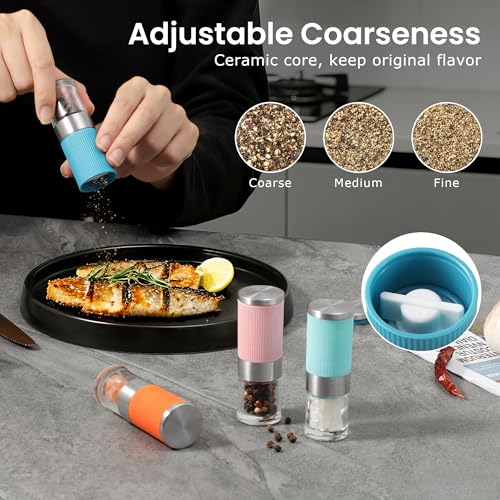 VEVOK CHEF Small Salt and Pepper Grinder 4Pcs Portable Mini Glass Salt Spices Grinder Ceramic Salt Black Pepper Shakers Tiny Pepper Mill Salt Grinder for Travel Lunch Box Kitchen Gift - color: colorful