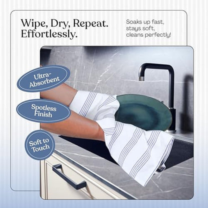 Indigo Blue Stripe Kitchen Towels, 12 Pack, 100% Cotton, Super Absorbent and Quick Dry, Multi Pin Striped Towel Set, Durable Dish Cloths for Kitchen Use, Cleaning & Drying Dishes - color: Indigo Blue, style: 12 Pack