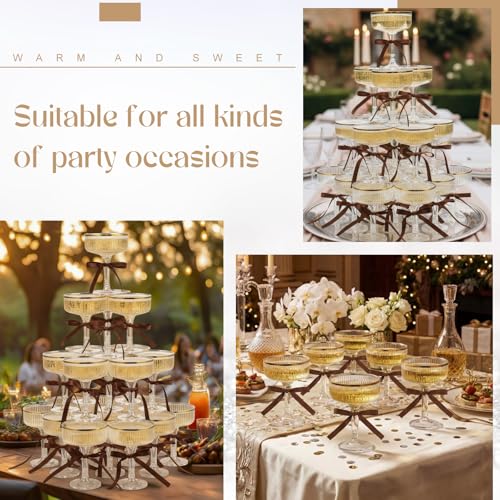 Set of 24 Plastic Champagne Coupe Glasses with Bow 7 oz Gold Champagne Tower Set Stackable Acrylic Ribbed Martini Glasses Cocktail Coupe Cup for Wedding Birthday Party Bar (Bowknot,Brown) - color: Brown, style: Bowknot
