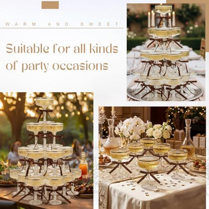 Set of 24 Plastic Champagne Coupe Glasses with Bow 7 oz Gold Champagne Tower Set Stackable Acrylic Ribbed Martini Glasses Cocktail Coupe Cup for Wedding Birthday Party Bar (Bowknot,Brown) - color: Brown, style: Bowknot