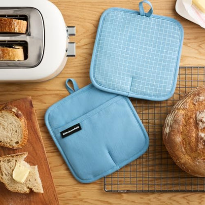 KITCHENAID Gourmet Series Gridlines Pot Holders 2-Pack Set, Heat Resistant up to 600°F, Soft Silicone Grip, Magnetic Cuff, Blue Velvet, 8"x8" - color: Blue Velvet
