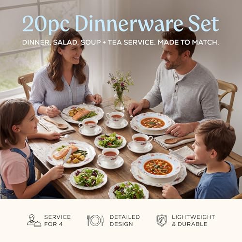 Joseph Sedgh Collection Romantic Bloom Bone China Dinnerware Set, 57-Piece | Service for 4, Premium Ash Bone China, Dishwasher Safe - size: 20 Piece Set