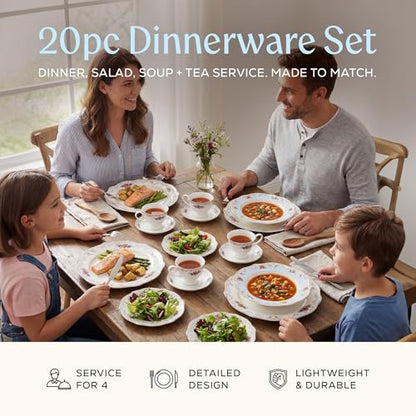 Joseph Sedgh Collection Romantic Bloom Bone China Dinnerware Set, 57-Piece | Service for 4, Premium Ash Bone China, Dishwasher Safe - size: 20 Piece Set