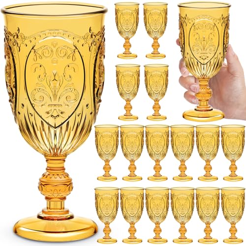 Wiwiqing 18 Pack Plastic Goblets 10oz Upgrade Vintage Water Goblet Plastic Wine Glasses Colored Retro Embossed Glassware for Party Wine Bar Juice Baby Shower Wedding Reception Grand (Amber) - color: Amber