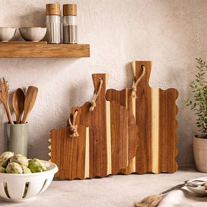Novabright 3 Pcs Acacia Wood Scalloped Cutting and Chopping Board Decorative Cutting Boards for Kitchen Wooden Charcuterie Serving Tray for Cheese Meat Fruit Bread Baking(Handle Wavy) - style: Handle Wavy