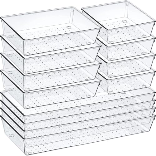 12 Pack Clear Plastic Drawer Organizer Set, Acrylic Non Slip Non Cracking Kitchen Drawer Storage Tray Large Size Divider, Multifunctional Storage for Cosmetics, Bathroom, Tools, Kitchen and Office - size: 12 PACK