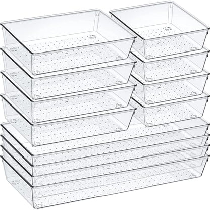 12 Pack Clear Plastic Drawer Organizer Set, Acrylic Non Slip Non Cracking Kitchen Drawer Storage Tray Large Size Divider, Multifunctional Storage for Cosmetics, Bathroom, Tools, Kitchen and Office - size: 12 PACK