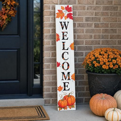 Vertical Wooden Fall Welcome Porch Sign,Rustic Autumn Porch Standing Sign,Decorative Leaning Sign for Front Entrance,Farmhouse Style Outdoor Welcome Decoration-47.2" H.
