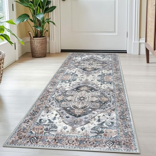SIILOOM 2x5 Washable Runner Rug, Non Slip Soft Area Rug for Hallway Kitchen | Boho Vintage Door Mat Indoor Floor Carpet for Entryway Front Backdoor Laundry Bedside Bedroom, Easy Clean - color: Ash Taupe Blue, size: 2' x 5' (Runner)