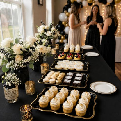 Black & Gold Rectangle Dessert Trays, 10 Pack, 9" x 13" | Disposable Food Safe Paper Serving Trays With Elegant Gold Rim For Desserts, Appetizers, Cupcakes, Weddings And Parties - color: Black, Gold