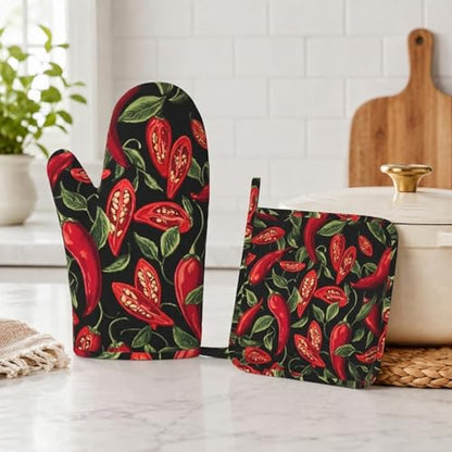 Mexican Hot Pepper Chili Oven Mitt and Pot Holder with Silicone Heat Resistant Kitchen for Cooking BBQ Baking Grilling Cooking Protection - color: Mexican Hot Pepper Chili