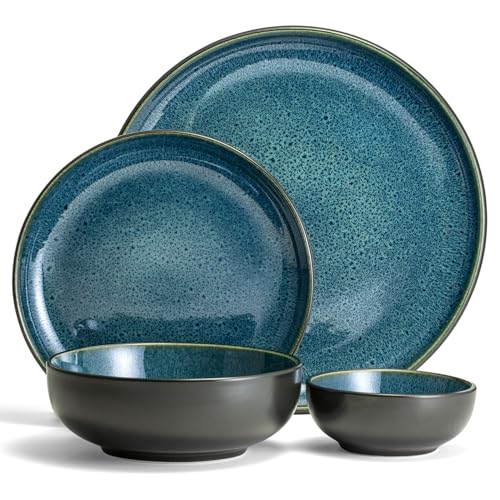 Sango 16-Piece Stoneware Dinnerware Set for 4, Glossy Black/Blue Big Dinner Plates and Bowls Sets with Reactive Glaze, Ceramic Dish Set, Modern Beautiful Dishes, Microwave & Dishwasher Safe, Resona - color: Blue, size: 16-Piece Set