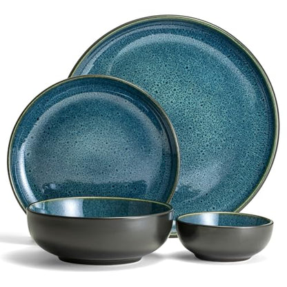 Sango 16-Piece Stoneware Dinnerware Set for 4, Glossy Black/Blue Big Dinner Plates and Bowls Sets with Reactive Glaze, Ceramic Dish Set, Modern Beautiful Dishes, Microwave & Dishwasher Safe, Resona - color: Blue, size: 16-Piece Set