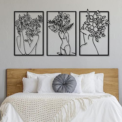CHENGU 3 Pieces Metal Minimalist Abstract Woman Wall Art Line Drawing Wall Art Decor Single Line Female Home Hanging for Kitchen Bathroom Living Room - style: Leaf Style