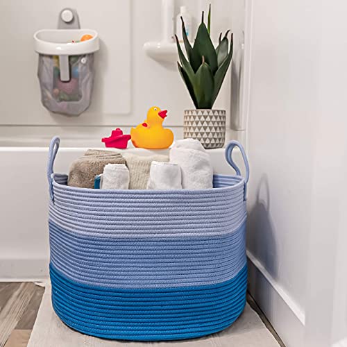 OrganiHaus Round Toy Basket & Blanket Basket, Cotton Rope 20x13" | 3-Toned Blue - Round Cotton Rope Basket, 20x13" - color: 3-toned Blue, size: Wide