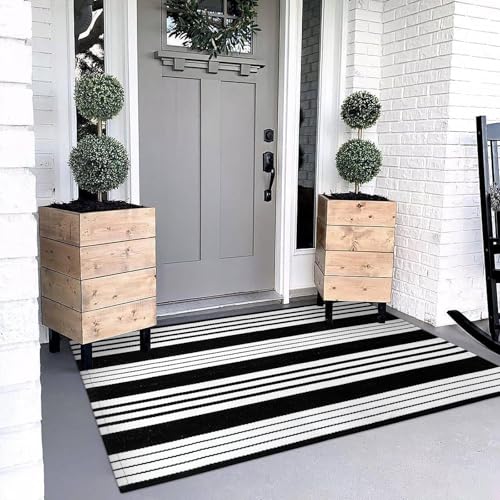 Black and White Outdoor Rug 3x5, Front Door Mat Patio Rugs Porch Decor | Cotton Woven Striped Rug Machine Washable Entryway Rug Indoor Outside Area Rug Front Door Mat for Farmhouse/Home Entrance - color: Black/White Stripe, size: 3' x 5' (Rectangular)