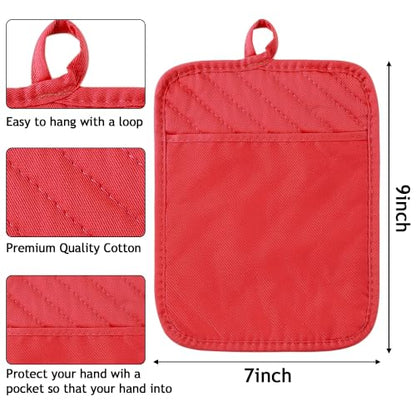 R HORSE 6 Pack Red Pot Holders with Pocket for Kitchen, 7''x 9'' | Cotton Kitchen Potholder, Heat Resistant Oven Mitts, Non-Slip Hot Pads Terry Cloth, Ideal for Baking, Cooking, Christmas Gift - color: Red