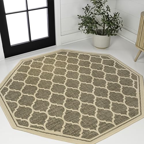 JONATHAN Y Moroccan Trellis Indoor Outdoor Octagon Area Rug 5 Ft Brown/Beige, Trebol Textured Weave for Backyard, Patio, Porch, Easy-Cleaning, High Traffic, Pet-Friendly, Non-Shedding (SMB109A-5TGN) - color: Brown/Beige, size: 5'3" x 5'3" (Octagonal)