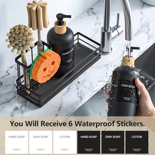 Moforoco Kitchen Dish Soap Dispenser Set, 16OZ Glass Bottle, Hand and Dish Soap Dispenser Set, Instant Dry Tray, Brush Holder with Smiley Face Sponge Holder (Black Tray+Black Bottle+Labels) - color: Black Tray+black Bottle+labels
