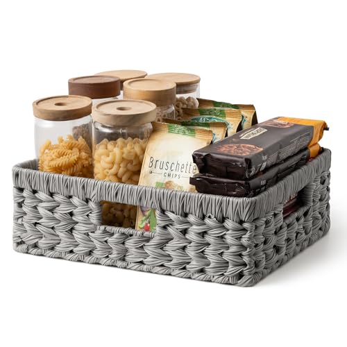 GRANNY SAYS Wicker Storage Basket for Shelves,Waterproof Gray Basket,1-Pack | Handwoven Wicker Baskets for Organizing, Plastic Rectangle Basket, Woven Basket for Storage, Pantry Basket, Decorative Basket - color: Gray, size: 15¼"L x 11¾"W x 4¾"H