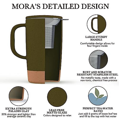 Mora Ceramics Large Tea Mug with Loose Leaf Infuser and Ceramic Lid, 18 oz, Portable, Microwave and Dishwasher Safe, Tall Coffee Cup - Rustic Matte Ceramic Glaze, Modern Herbal Tea Strainer, Olive - color: Olive