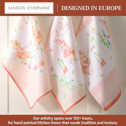Maison d' Hermine Kitchen Towels Set of 3 Reusable 100% Cotton 27.50" x 20" | Cloth Tea Dish Towels Absorbent with Hanging Loop for Kitchen Dining Party Wedding Hotel Home Spring Summer - Bunny Party - color: 008 - Bunny Party
