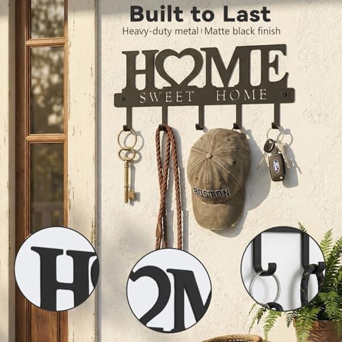 Entryway Key Holder Wall Mount with 5 Hooks, 13" Metal “Sweet Home” Key Rack Organizer for Wall, Decorative Key Hanger for Entryway, Hallway & Mudroom, Housewarming Gift, Black - size: 13inches