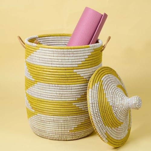 Decorative African Hooded Basket with Lid and Handles, 15" Wide, 19" Tall (Yellow White) - color: Yellow White