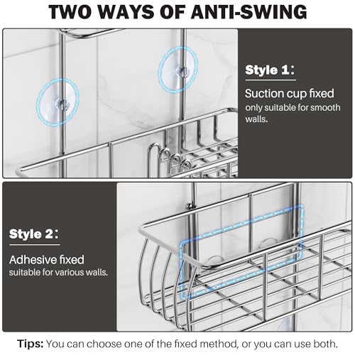 Epicano Shower Caddy Hanging Over Head, Chrome,Stainless Steel | Rustproof,4 Hooks for Towels,Sponge and & Bathroom Accessories,Anti-Swing Suction Cups & Adhesive hooks - color: Silver