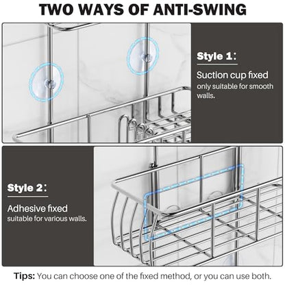 Epicano Shower Caddy Hanging Over Head, Chrome,Stainless Steel | Rustproof,4 Hooks for Towels,Sponge and & Bathroom Accessories,Anti-Swing Suction Cups & Adhesive hooks - color: Silver