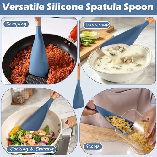 Cooking Spoon for Nonstick Cookwares, Multifunction Spatula Spoon, Great for Both Cooking and Serving, Wood Handle Spoon for Stirring, Mixing, Serving (2, BLUE) - color: Blue