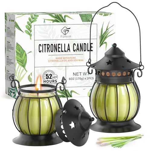 Citronella Candles Outdoor, 2 Pack 6oz Lemongrass Scented Soy Wax Candles | with Vintage Metal Lantern Holder, Outdoor Candle for Patio Garden Camping Decor, Yellow Green Gift Set for Women - color: Citronella-Green