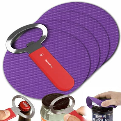 Magnetic Jar Opener Gripper, Jar Openers Top Rated For Seniors Weak Hands, Bottle Opener Built-In, 2-IN-1 Jar & Bottle Opener x 1, Red, Rubber Jar Openers Gripper x 4 - color: Red