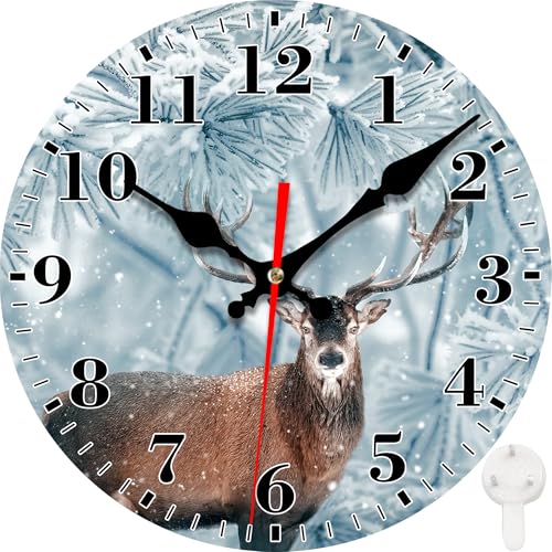 Wall Clock,Christmas Red Deer in Winter Forest Silent Non Ticking Battery Operated Round Decorative Indoor Outdoor Clocks for Living Room Kitchen Bedroom Bathroom Patio 12" - color: Red Deer in Winter Forest
