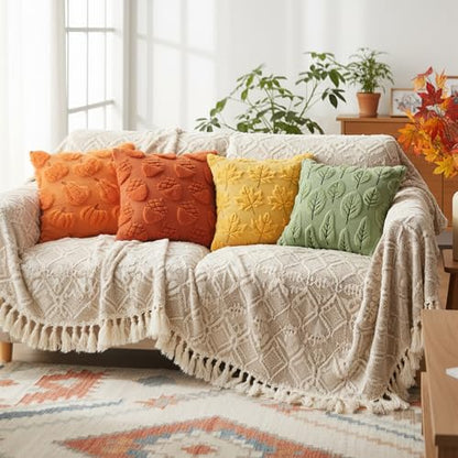 Tiamon 4 Pcs Fall Throw Pillow Covers 18 x 18 Inch Autumn Pillow Cases 3D Embroidered Pumpkin Leaf Plush Fluffy Faux Fur Cushion Covers for Thanksgiving Harvest Decoration Farmhouse Home Sofa Couch - style: Fall A