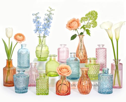 SUPMIND 16P Glass Bud Vases, Mix-Colored Small Flower Vase for Centerpieces | Multi-Colored Vases in Bulk, Mini Vintage Vases for Wedding, Home, Table Decoration - color: Mix 4 Colors