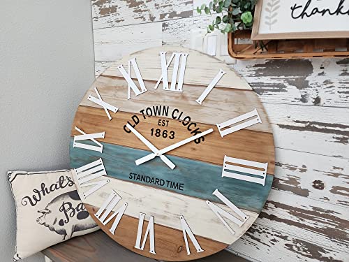 30" Wooden Multi-Color Maritime Coastal Beach Large Roman Wall Clock (Blue, 30 inch) - color: Roman Blue, size: 30 inch